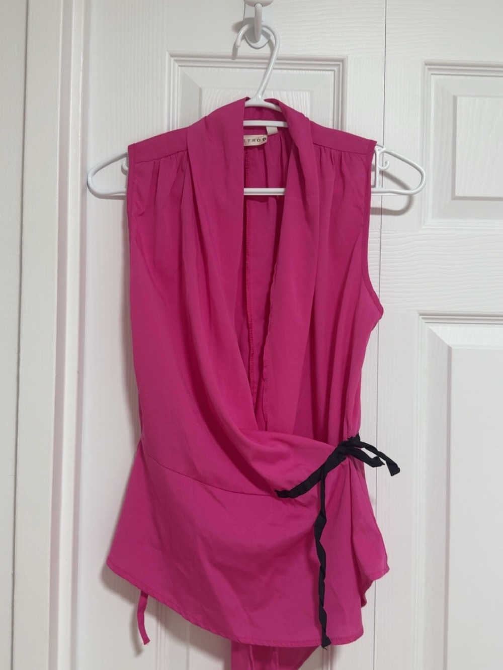 Sleeveless Fuchsia Wrap Top with Black Tie